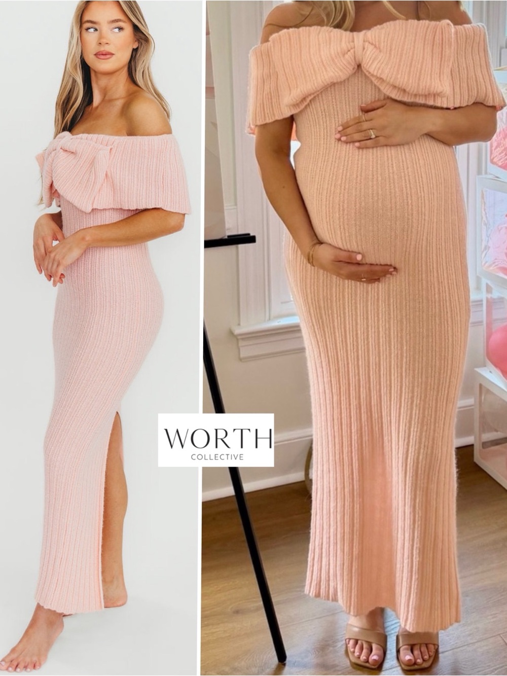WORTH Collective Aston Bow Front Maxi Sweater Maternity Dress Pinkish Petal M